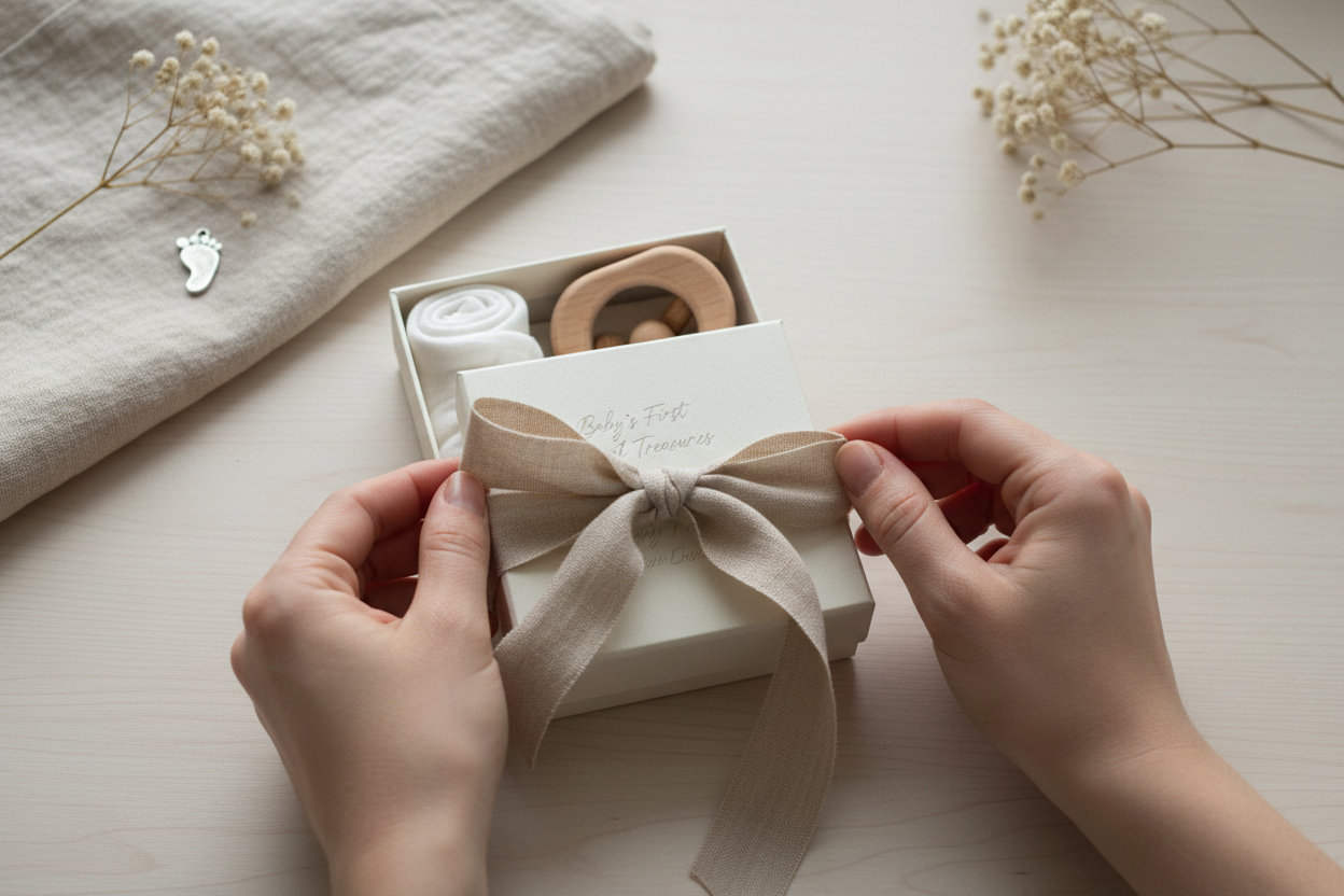 A close-up shot of hands crafting a personalized baby keepsake — tying a soft ribbon, or assembling a delicate gift box. Gentle window light, neutral soft shadows. Beige and natural textures (linen, cotton, matte paper). A calm, authentic and artisanal atmosphere that expresses tenderness, craftsmanship and emotional value. Clean, minimalist composition.
