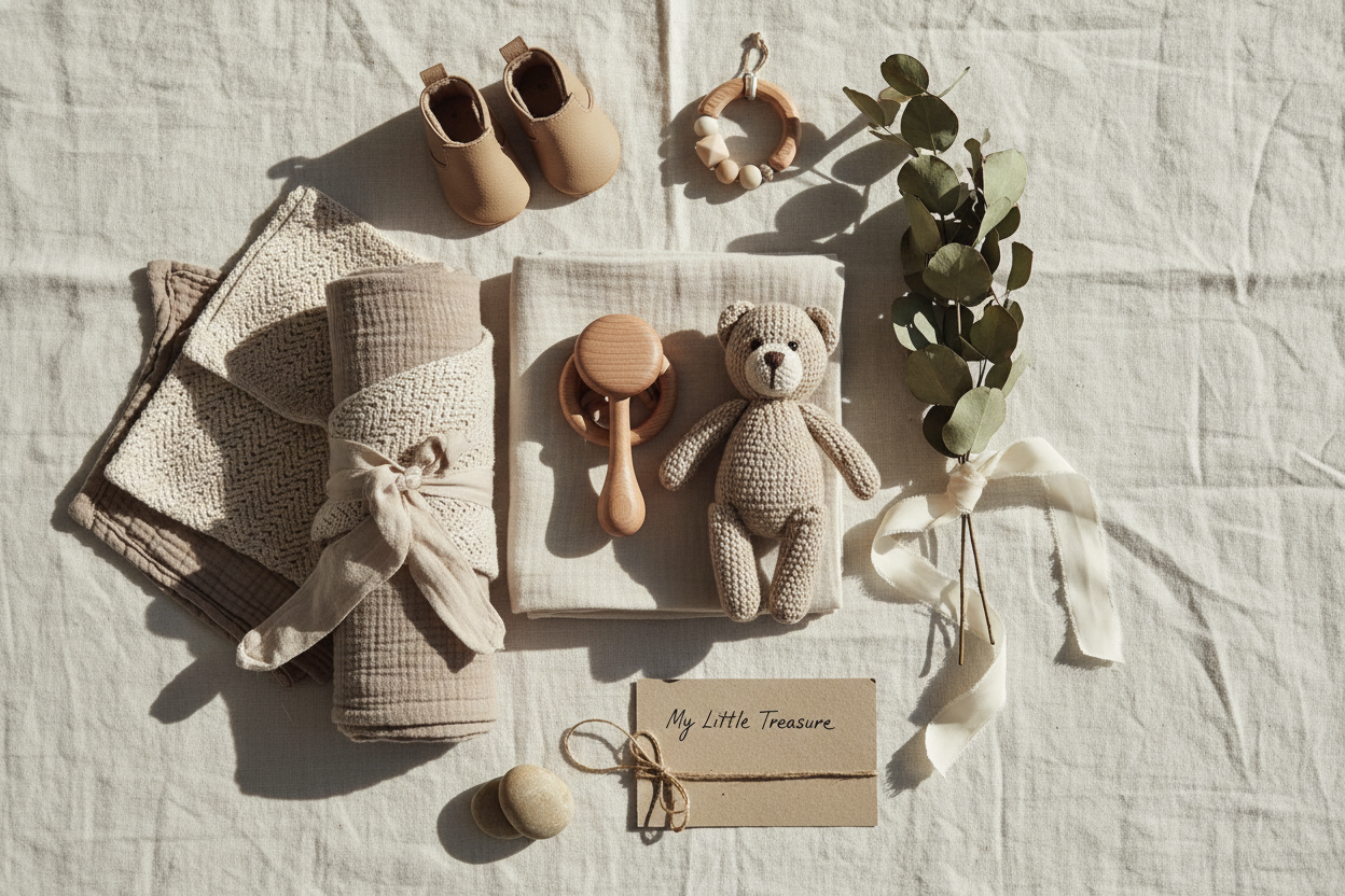 A flat-lay composition of childhood keepsake items arranged neatly on soft linen fabric. Includes neutral-toned accessories, wooden objects, soft textiles and delicate ribbons. Color palette of cream, sand and taupe. Minimalist modern aesthetic with soft shadows and tactile textures. Serene, elegant and handcrafted mood.
