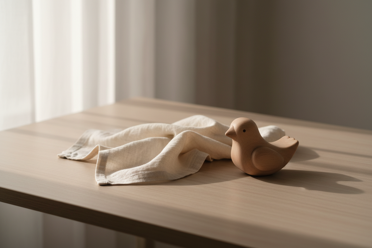 A soft, minimal photograph of delicate childhood-inspired elements on a neutral-toned desk — a folded linen cloth, a small wooden toy and a gentle warm light coming from the side. Clean composition, beige and cream palette, calm and welcoming atmosphere, conveying care, trust and simplicity.