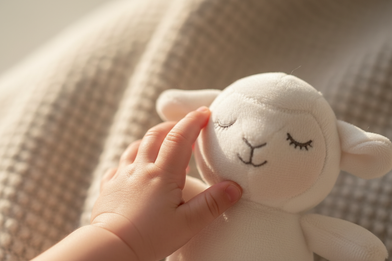 A tender scene of a baby’s tiny hand touching a small soft toy. Close-up, focusing on the hand and the object only. Warm, diffused natural light. Neutral beige and cream background. Emotionally soft, pure and peaceful atmosphere representing childhood memories.

