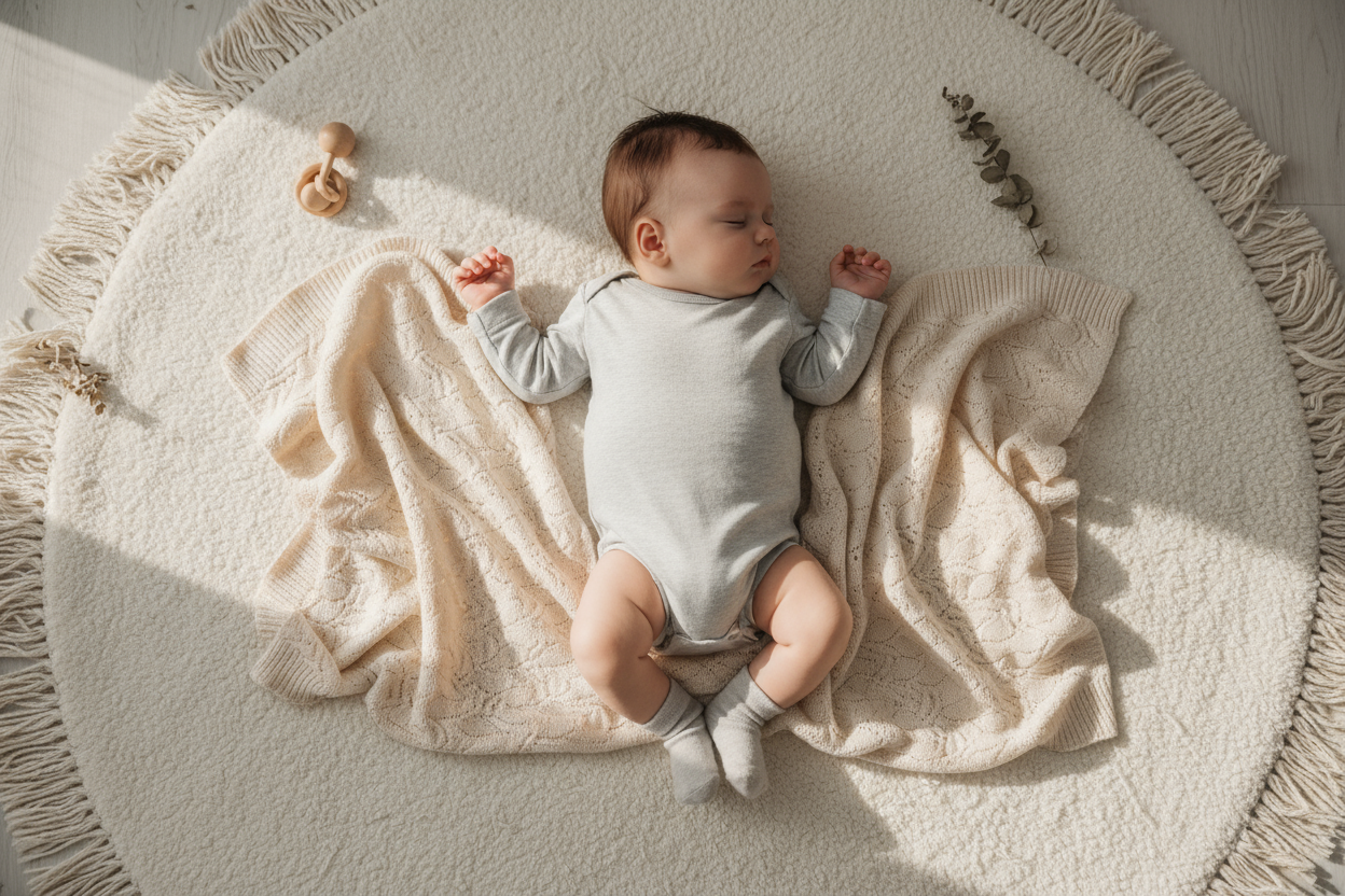 Um bebé deitado sobre uma manta macia em tons neutros, visto de cima. O corpo pequeno e tranquilo repousa sobre a textura suave do tecido, enquanto as mãozinhas e pezinhos relaxados transmitem serenidade. A luz natural, suave e difusa, envolve a cena com uma atmosfera acolhedora e terna. Os detalhes delicados — a manta de algodão, a roupa confortável e os tons quentes e minimalistas — reforçam a sensação de calma, pureza e afeto dos primeiros momentos da infância.